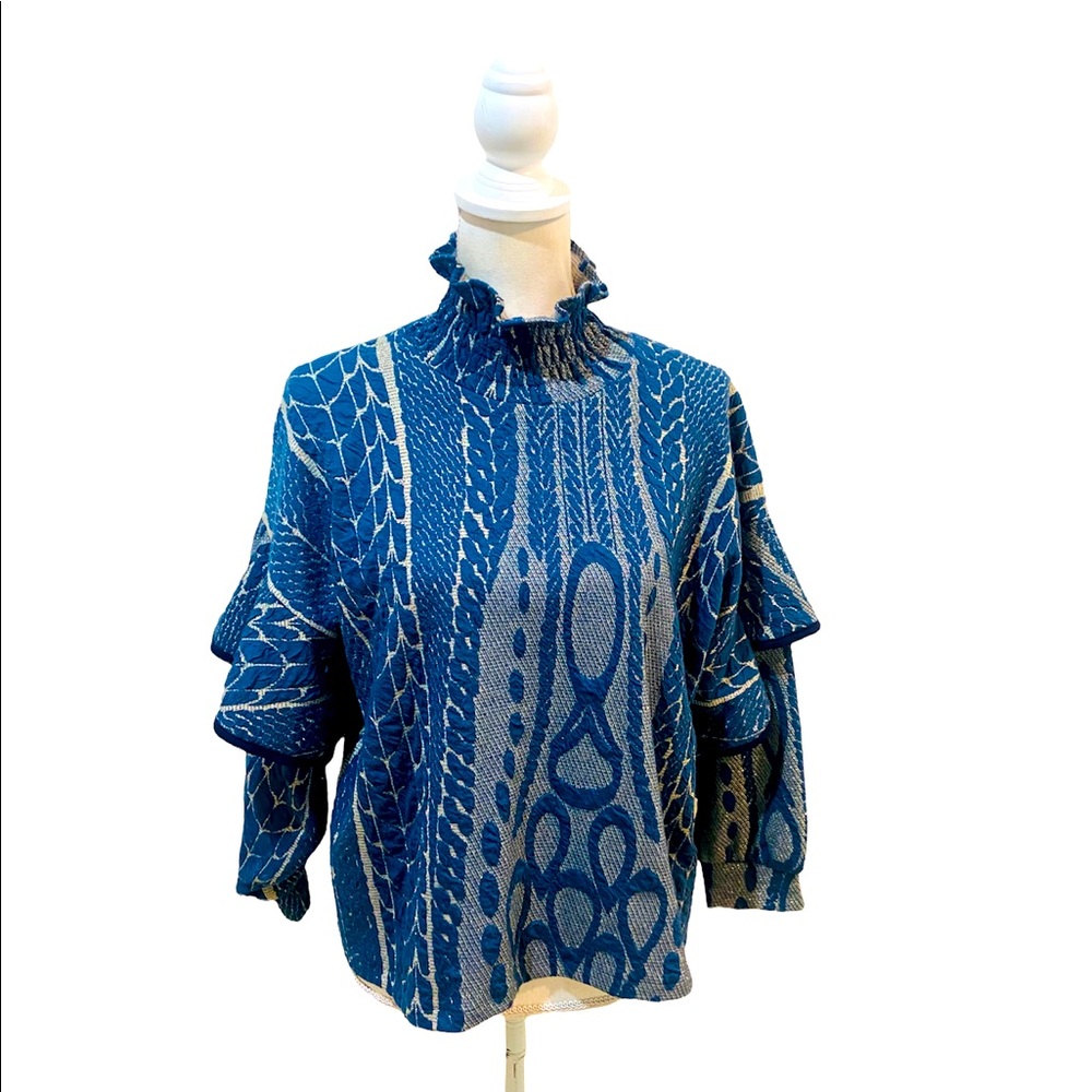 Minkie balloon sleeve turtleneck knit boxy top in teal/taupe print size large